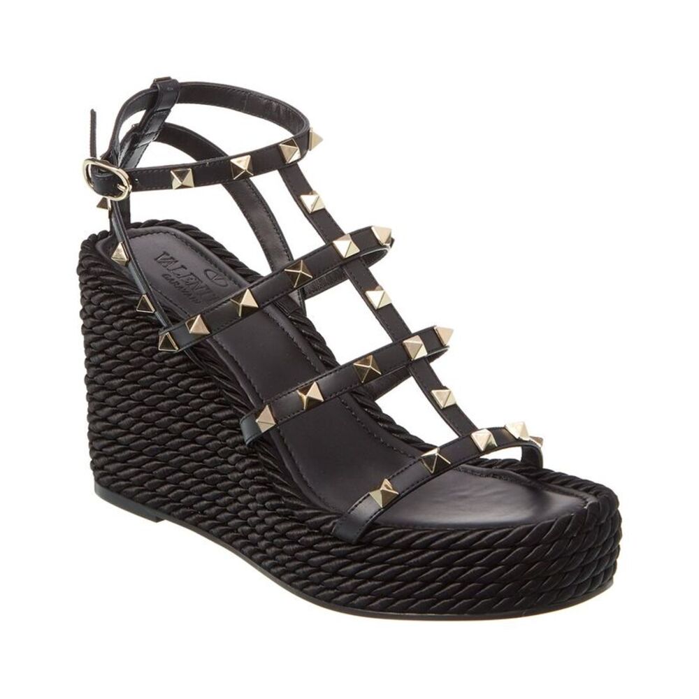 Valentino Rockstud 95 Leather Wedge Sandal, Black
